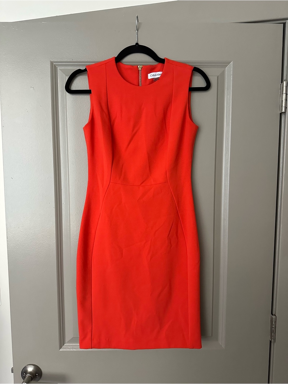 Calvin Klein Bright Red/Orange Sleeveless Midi Sheath Dress